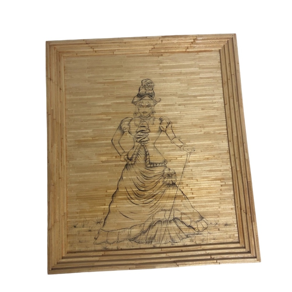 Vintage handmade matchstick art drawing Victorian woman